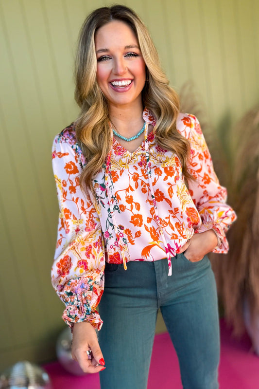 Pink Floral Printed Satin Tie Neck Long Sleeve Top, printed top, mixed print top, must have top, must have style, brunch style, summer style, spring fashion, elevated style, elevated top, mom style, shop style your senses by mallory fitzsimmons, ssys by mallory fitzsimmons