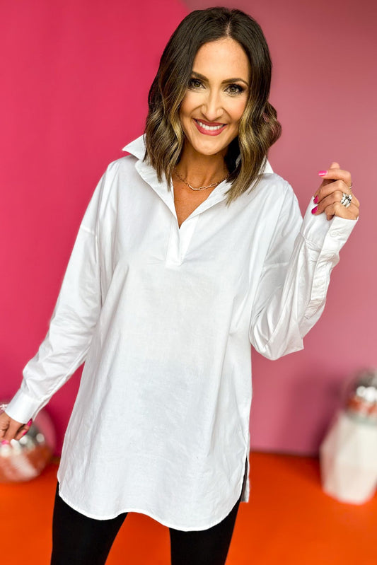 Karlie White Solid V Neck Oversized Poplin Tunic Top, coming sonn, must have top, must have style, office style, spring fashion, elevated style, elevated top, mom style, work top, shop style your senses by mallory fitzsimmons