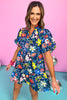 thml navy floral printed puff sleeve tiered dress, summer style, brunch, mom style, bright colors, above the knee dress, summer must have, shop style your senses by mallory fitzsimmons