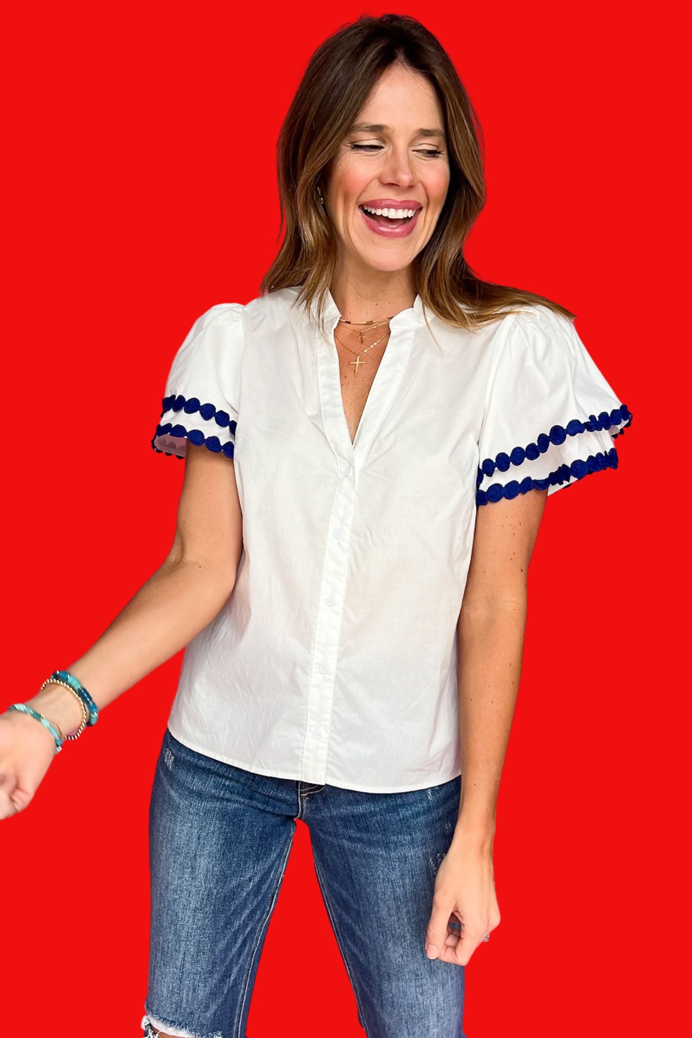 Off White V Neckline Button Down Ric Rac Double Layered Top, must have top, must have style, summer style, spring fashion, elevated style, elevated top, mom style, shop style your senses by mallory fitzsimmons, ssys by mallory fitzsimmons