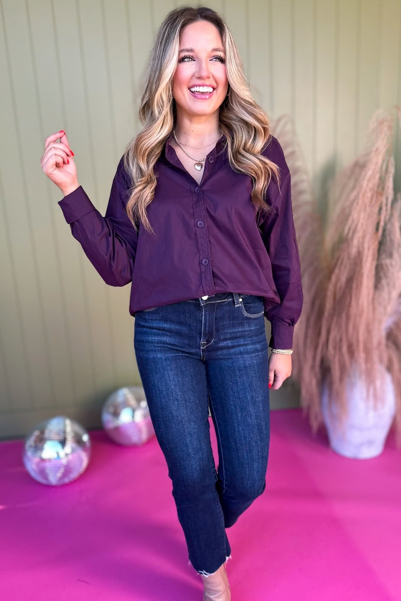 Purple Button Front Pleated Back Long Sleeve Top, must have top, must have style, office style, winter fashion, elevated style, elevated top, mom style, work top, shop style your senses by mallory fitzsimmons