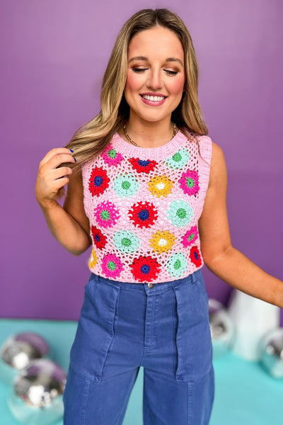 Pink Multi Floral Crochet Knit Sleeveless Top – SSYS