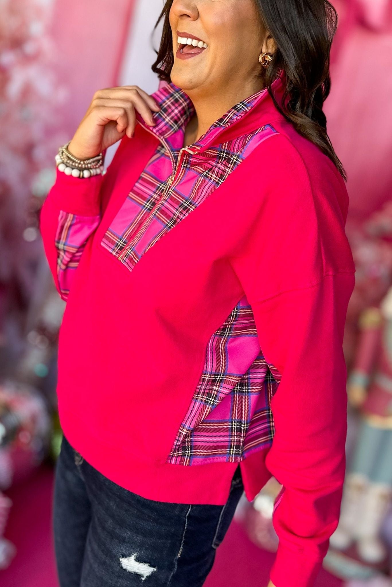 SSYS The Willow Pullover In Pink Tartan Plaid, must have pullover, must have style, comfy style, holiday style, holiday fashion, affordable fashion, elevated pullover, elevated style, mom style, must have basic, elevated basic, shop style your senses by mallory fitzsimmons