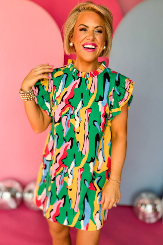Green Multi Floral Frill Neck Smocked Ruffle Sleeve Dress, mini dress, printed dress, must have dress, must have style, office style, spring fashion, elevated style, elevated dress, mom style, work dress, shop style your senses by mallory fitzsimmons