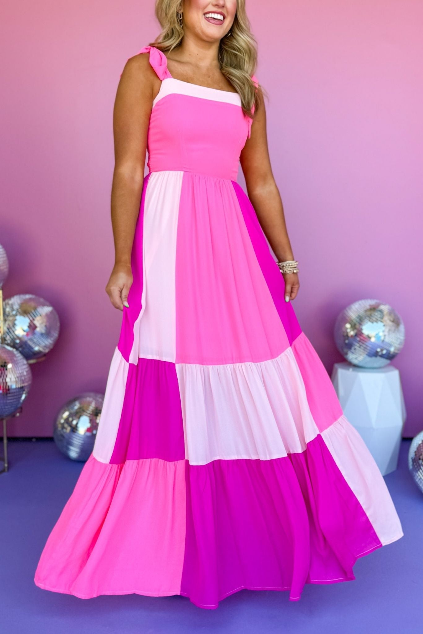 Pink Color Block Shoulder Tie Maxi Dress SSYS Pink Color Block Shoulder Tie Maxi Dress SSYS