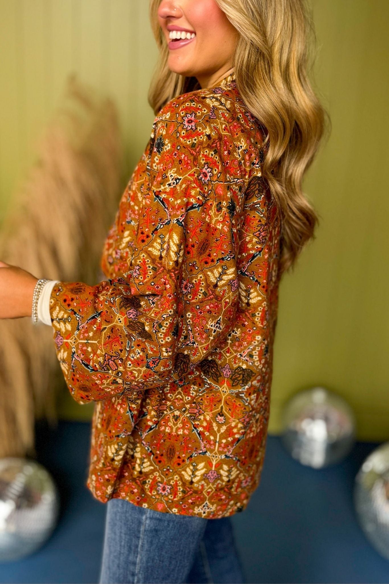 Molly Bracken Brown Floral Printed Open Front Kimono, must have kimono, must have style, fall style, fall fashion, elevated style, elevated kimono, mom style, fall collection, fall kimono, shop style your senses by mallory fitzsimmons