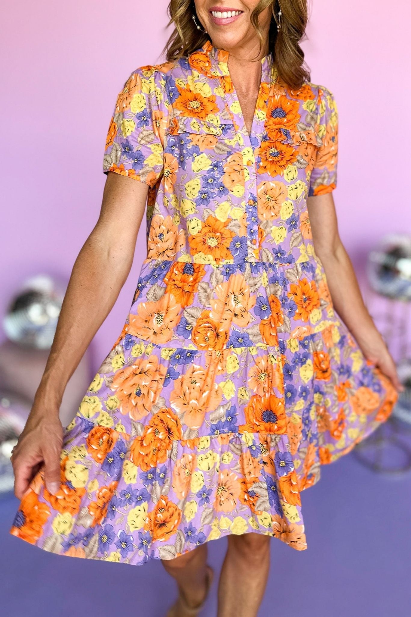 Orange Lavender Floral Printed Ruffle Collared Tiered Dress, summer dress, floral dress, elevated style, shop style your senses by mallory fitzsimmons