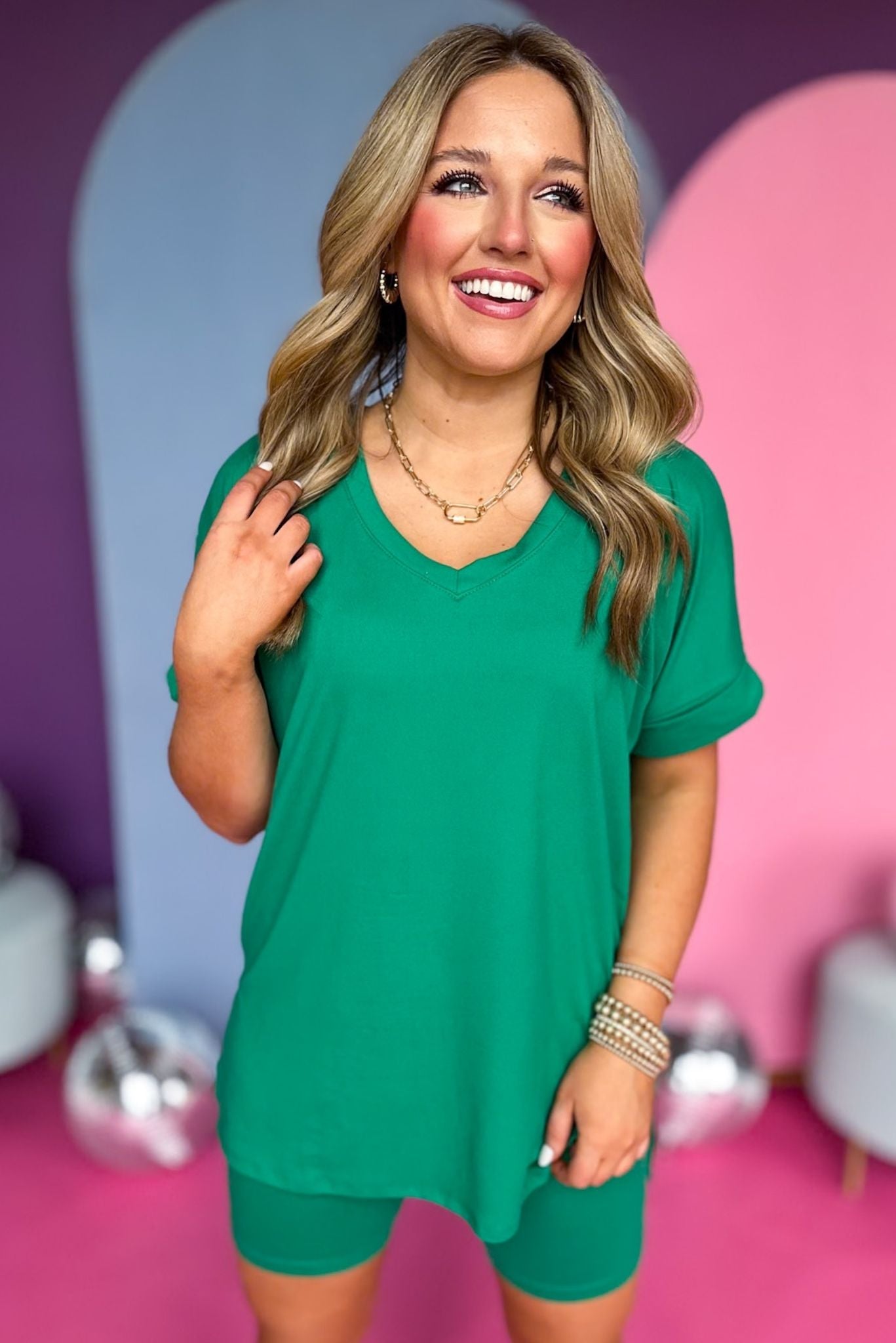 Kelly Green V Neck Top and Biker Shorts *FINAL SALE*, must have biker shorts, must have set, comfortable set, cozy set, must have style, comfy style, elevated set, mom style, shop style your senses by mallory fitzsimmons