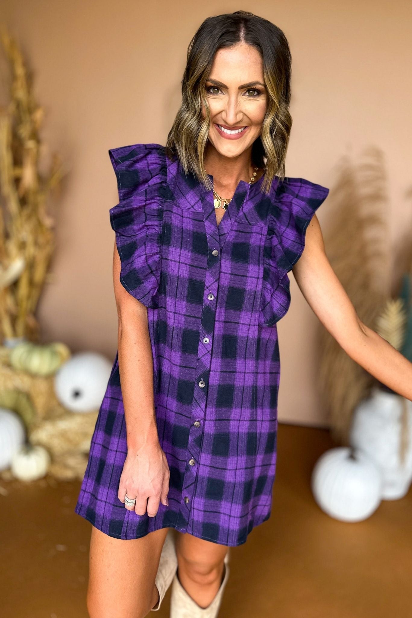 Purple Plaid Button Front Ruffle Detail Dress, must have dress, must have style, fall style, fall fashion, elevated style, elevated dress, mom style, fall collection, fall dress, shop style your senses by mallory fitzsimmons