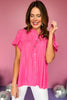 Pink Button Front Pleated Short Sleeve Top, pleated top, button down top, must have top, must have style, summer style, spring fashion, elevated style, elevated top, mom style, shop style your senses by mallory fitzsimmons, ssys by mallory fitzsimmons  Edit alt text