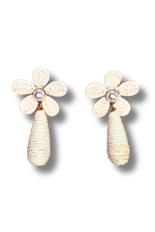 Ivory Flower Pearl Detail Rattan Earrings