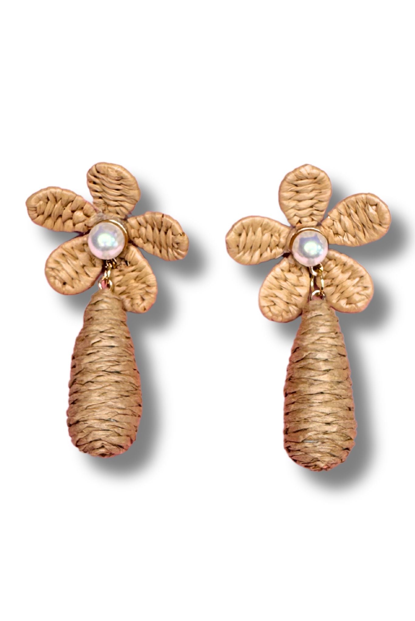 Light Brown Flower Pearl Detail Rattan Earrings