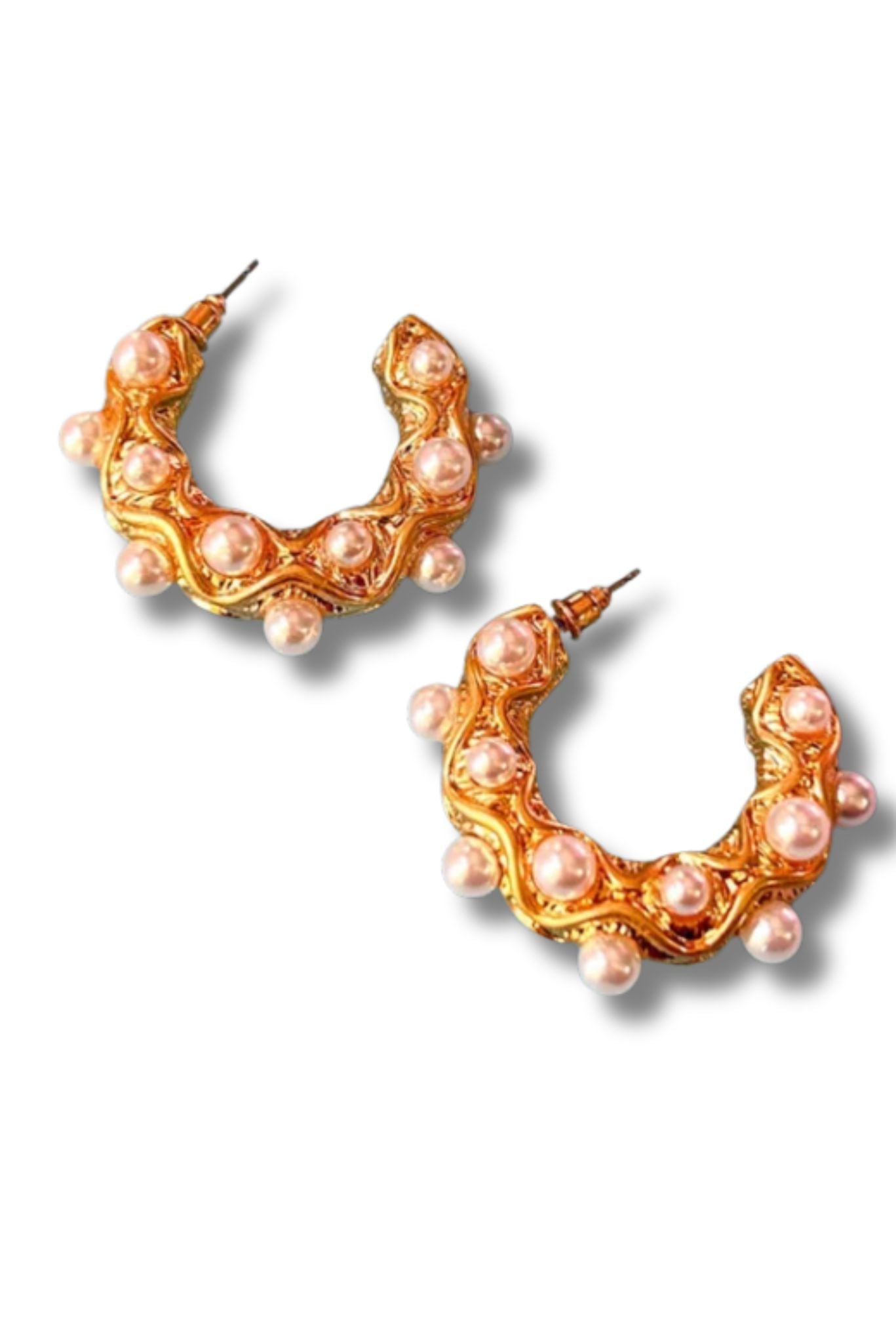 Gold Pearl Embellished Textured Metal Hoop Earrings