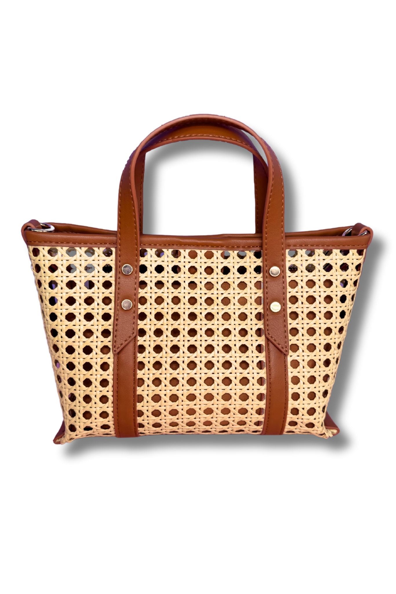 Tan Woven Basket Weave Double Handle Purse