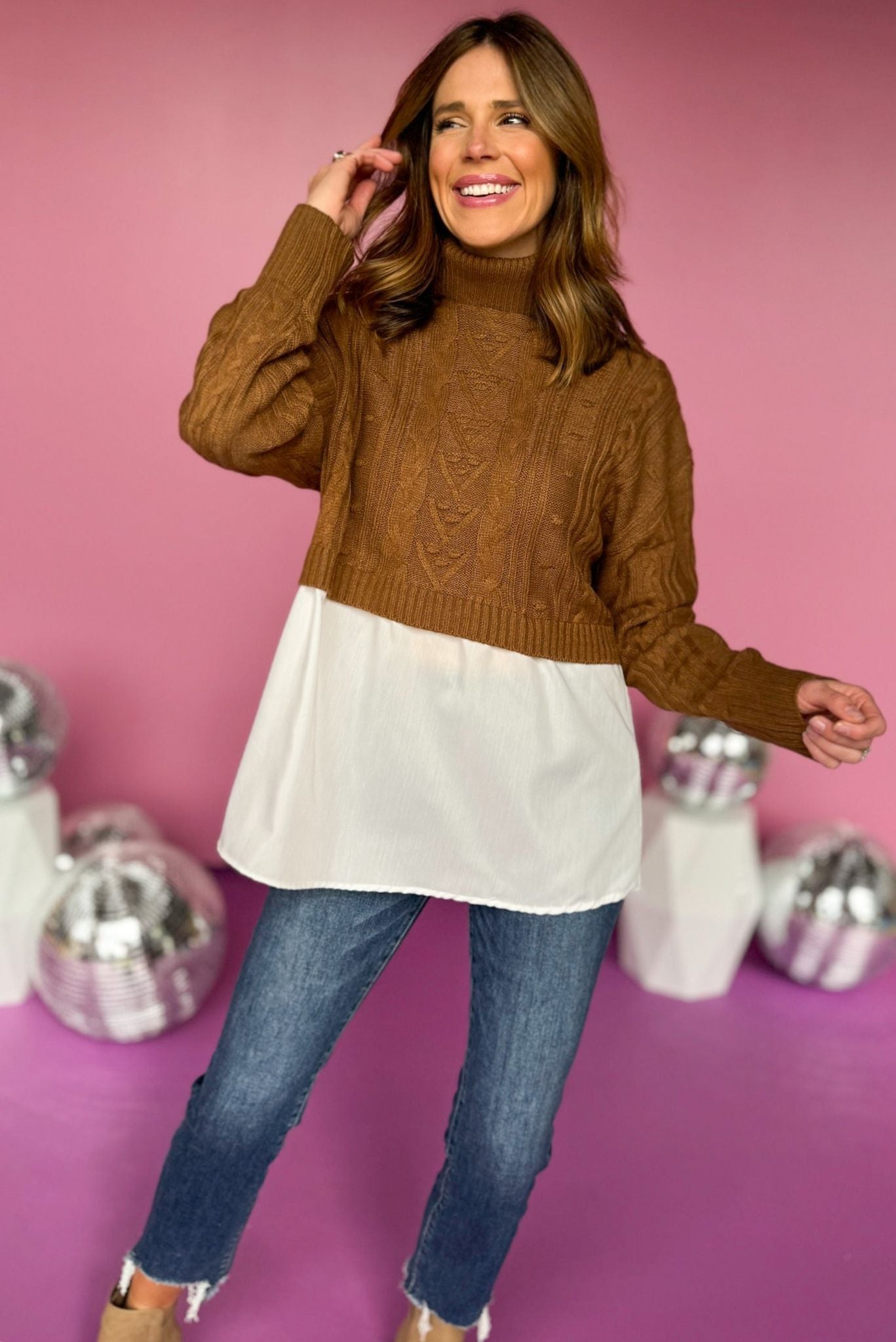 Brown Turtleneck Mixed Media Cable Knit Top, must have top, must have style, fall style, fall fashion, elevated style, elevated top, mom style, fall collection, fall top, shop style your senses by mallory fitzsimmons