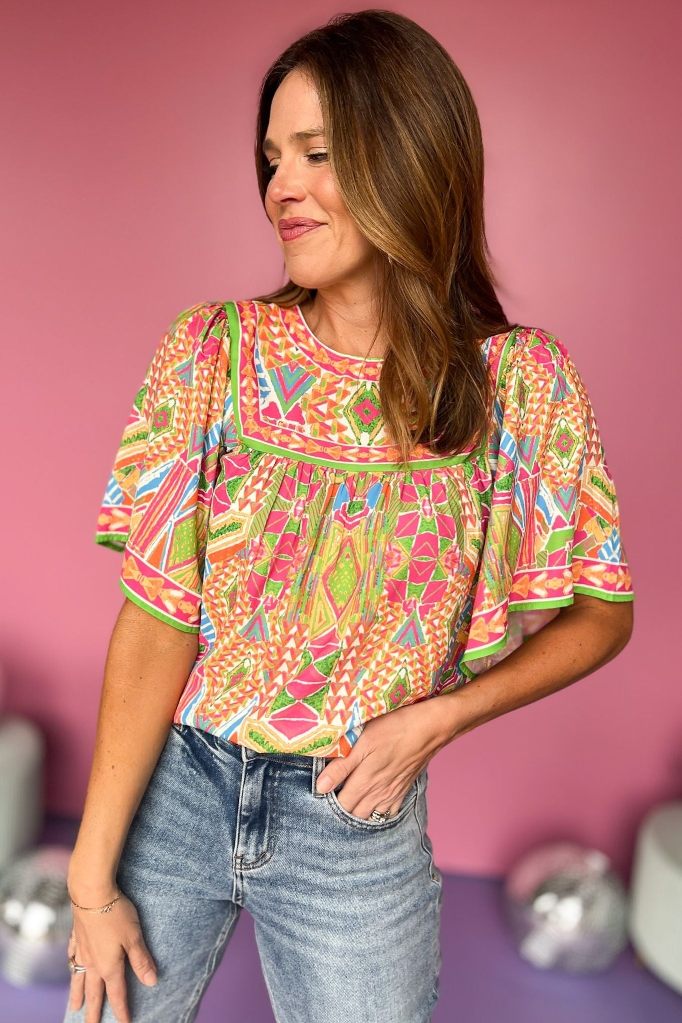 Green Multi Print Round Neck Short Sleeve Top, printed top, must have top, must have style, summer style, spring fashion, elevated style, elevated top, mom style, shop style your senses by mallory fitzsimmons, ssys by mallory fitzsimmons