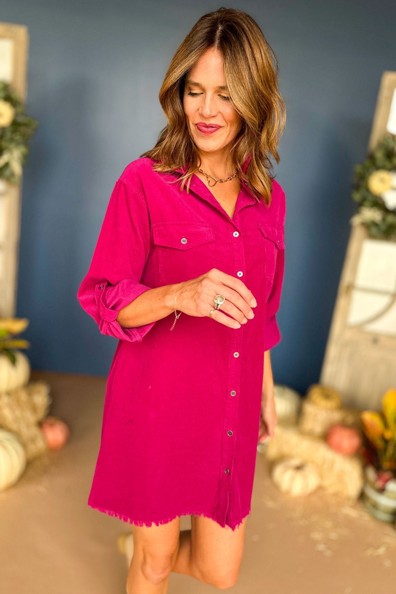 Magenta Button Front Roll Tab Shirt Dress, must have dress, must have style, fall style, fall fashion, elevated style, elevated dress, mom style, fall collection, fall dress, shop style your senses by mallory fitzsimmons