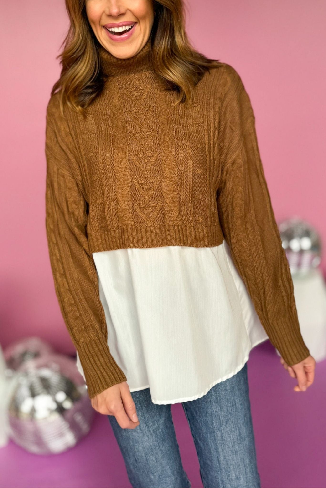 Brown Turtleneck Mixed Media Cable Knit Top, must have top, must have style, fall style, fall fashion, elevated style, elevated top, mom style, fall collection, fall top, shop style your senses by mallory fitzsimmons