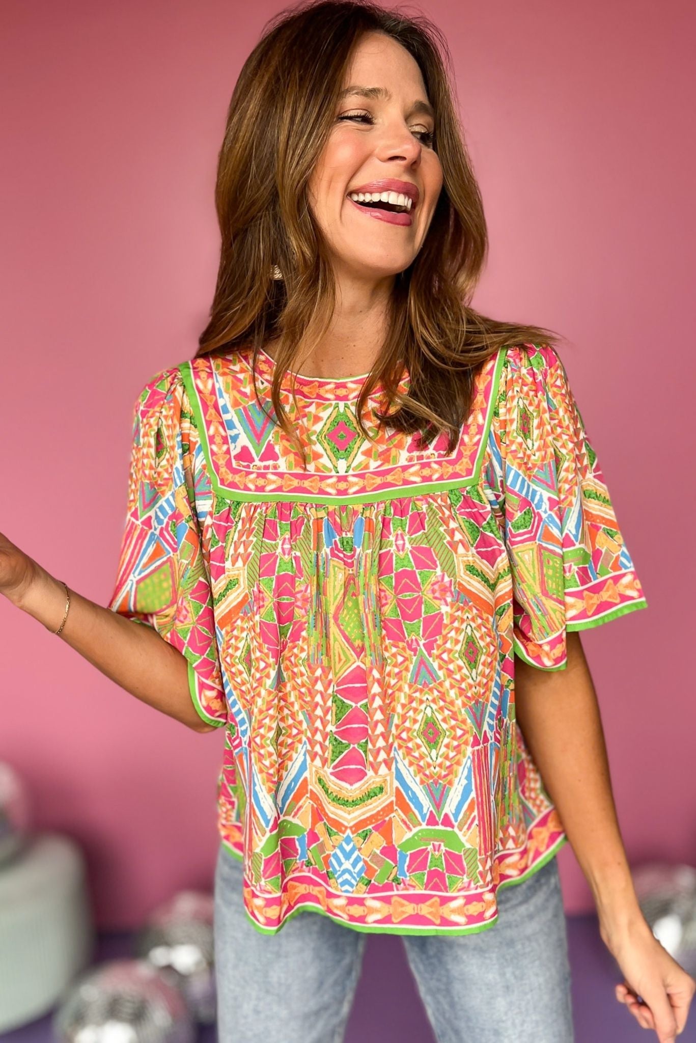 Green Multi Print Round Neck Short Sleeve Top, printed top, must have top, must have style, summer style, spring fashion, elevated style, elevated top, mom style, shop style your senses by mallory fitzsimmons, ssys by mallory fitzsimmons