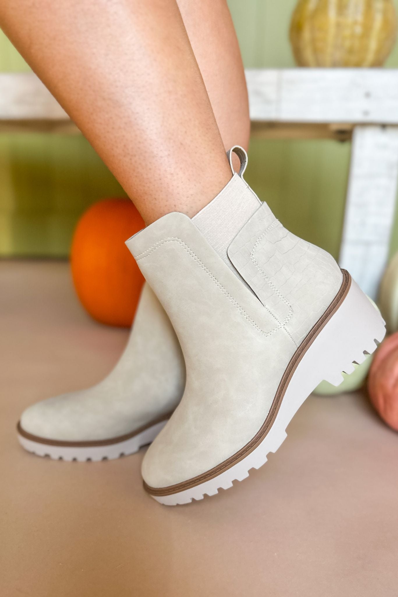 Taupe Micro Suede Pull On Lug Sole Bootie, must have bootie, must have shoe, fall shoe, elevated bootie, shop style your senses by mallory fitzsimmons