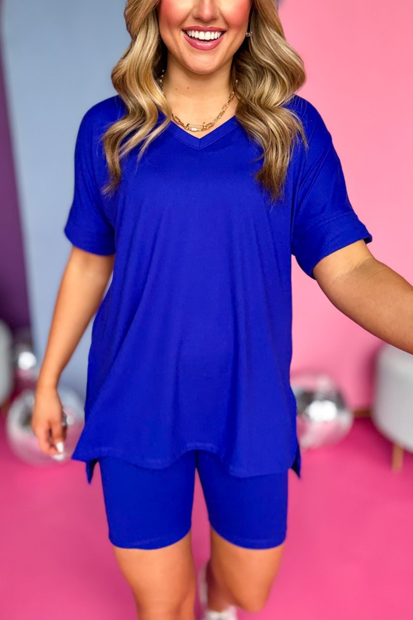 Bright Blue V Neck Top and Biker Shorts *FINAL SALE*,  must have biker shorts, must have set, comfortable set, cozy set, must have style, comfy style, elevated set, mom style, shop style your senses by mallory fitzsimmons
