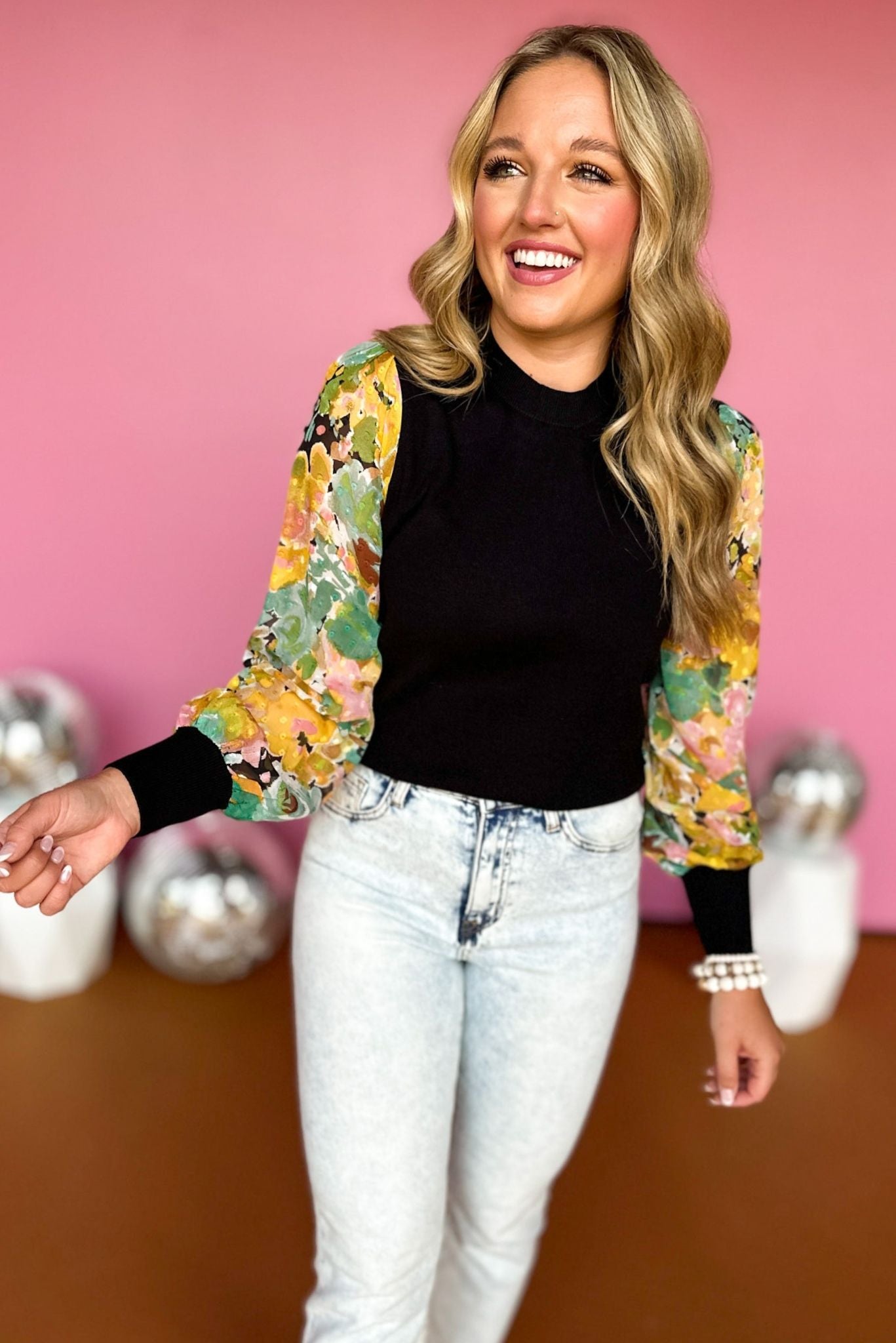 Black Contrast Printed Sleeve Crew Neck Sweater, must have top, must have style, must have fall, fall collection, fall fashion, elevated style, elevated top, mom style, fall style, shop style your senses by mallory fitzsimmons