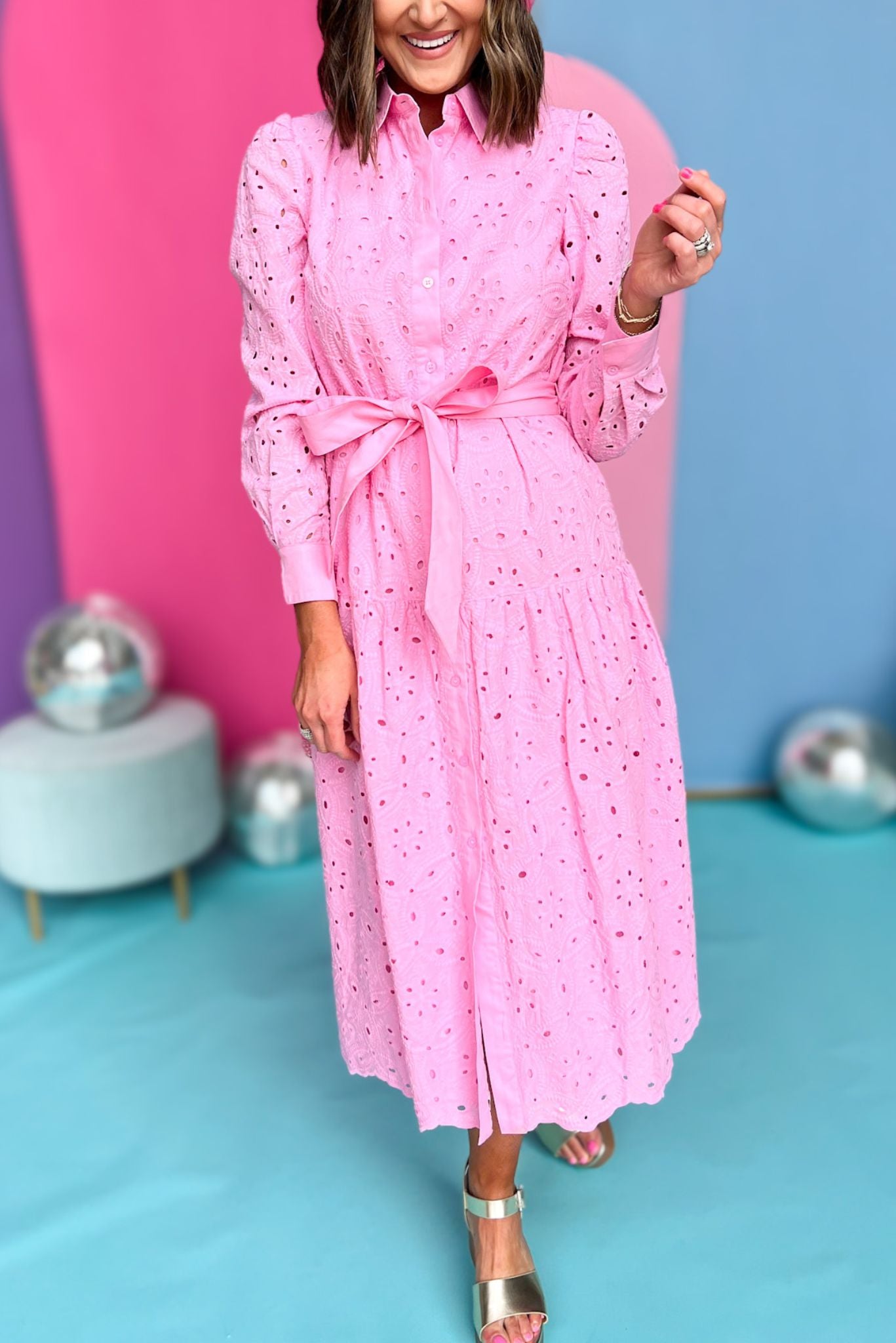 Pink Collared Button Front Self Tie Eyelet Midi Dress, eyelet dress, pink dress, must have dress, must have style, brunch style, spring fashion, elevated style, elevated dress, mom style, shop style your senses by mallory fitzsimmons, ssys by mallory fitzsimmons