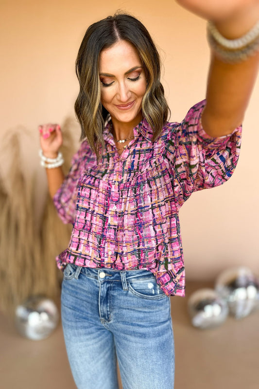 Pink Multi Plaid Printed Button Front Collared Top, printed top, transition piece, fall style, fall shirt, mom style, elevated style, shop style your senses by mallory fitzsimmons