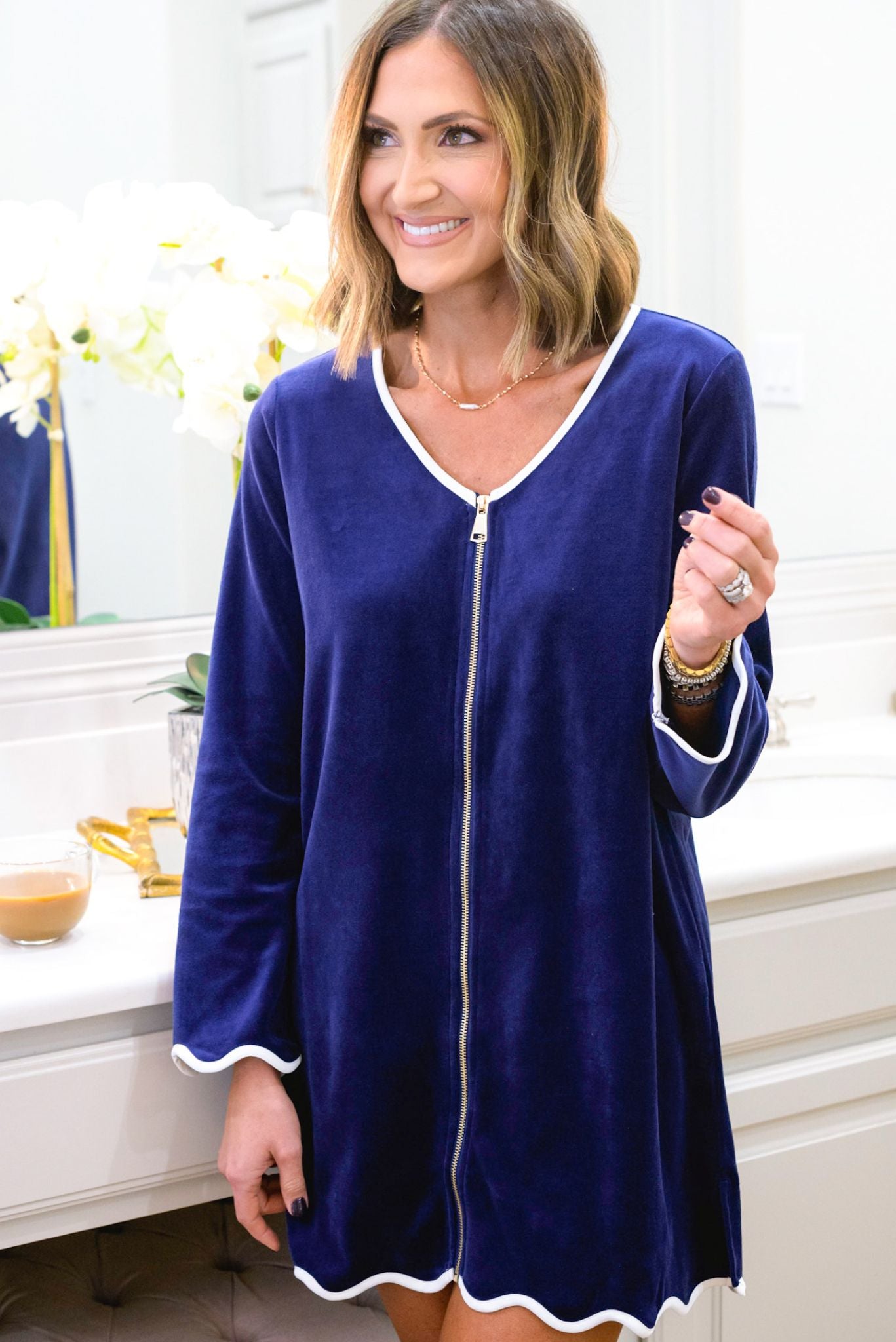 SSYS Navy Long Sleeve Get Ready Robe™, SSYS the label, elevated robe, elevated get ready robe, must have robe, must have gift, elevated gift, mom style, elevated style, chic style, conventional style, shop style your senses by mallory fitzsimmons