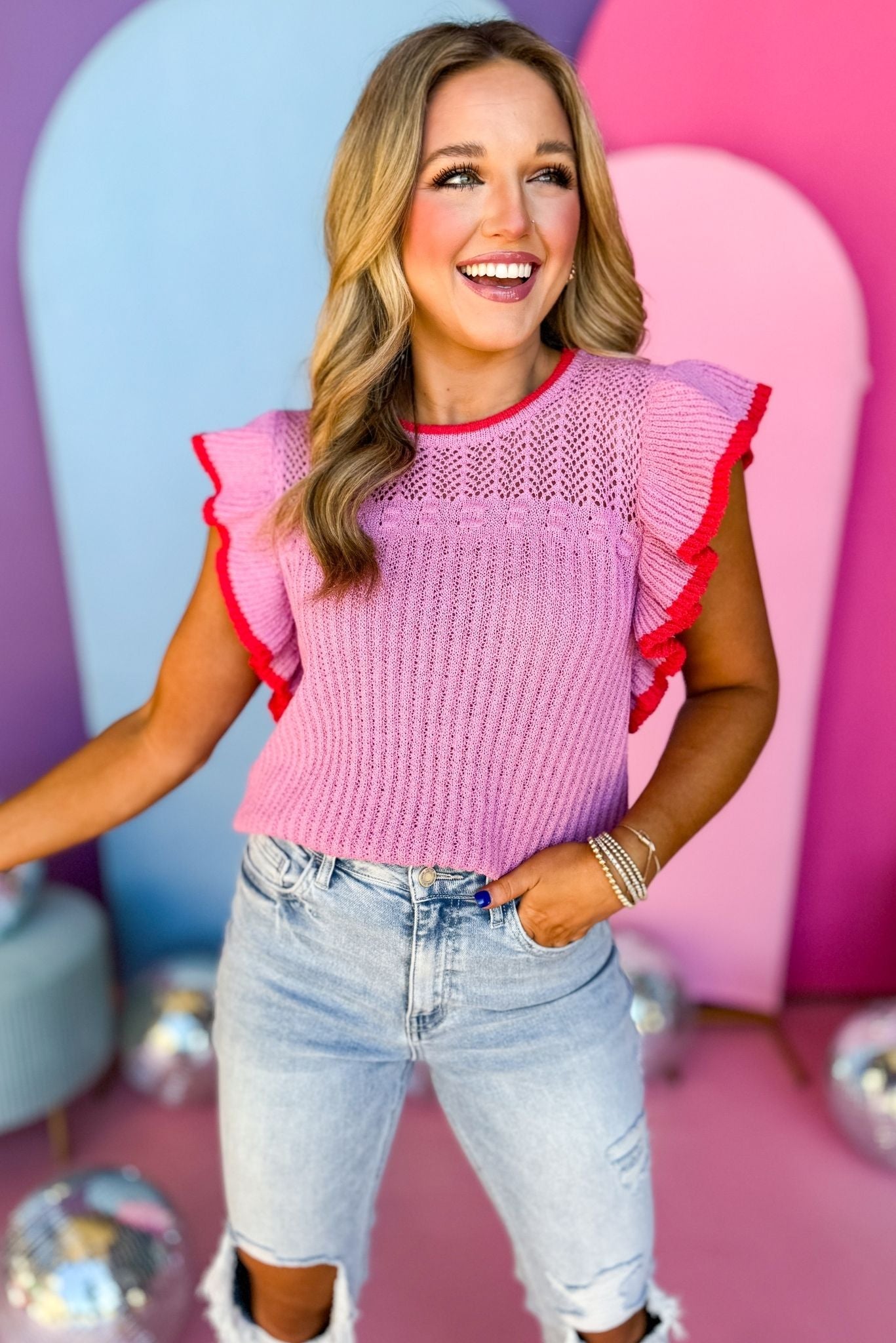 Pink Ruffled Shoulder Color Wave Trim Detail Top, must have top, must have style, brunch style, summer style, spring fashion, elevated style, elevated top, mom style, shop style your senses by mallory fitzsimmons, ssys by mallory fitzsimmons