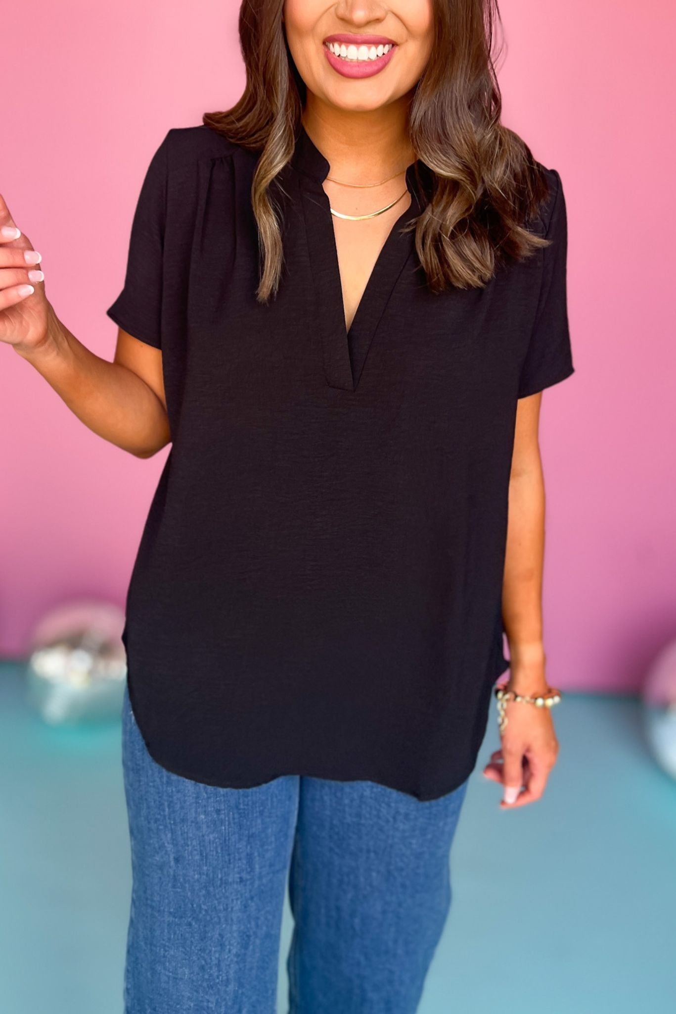 Black V Neck Short Sleeve Top