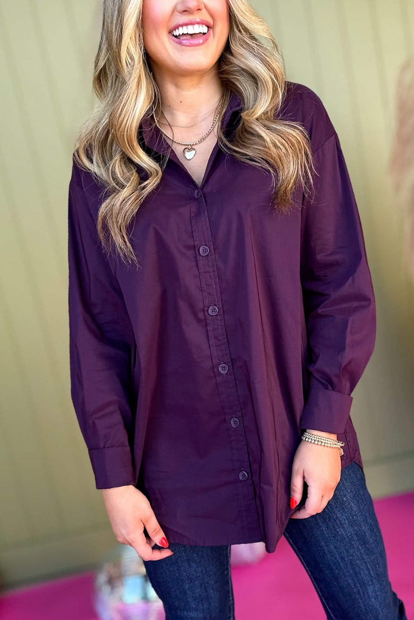 Purple Button Front Pleated Back Long Sleeve Top, must have top, must have style, office style, winter fashion, elevated style, elevated top, mom style, work top, shop style your senses by mallory fitzsimmons