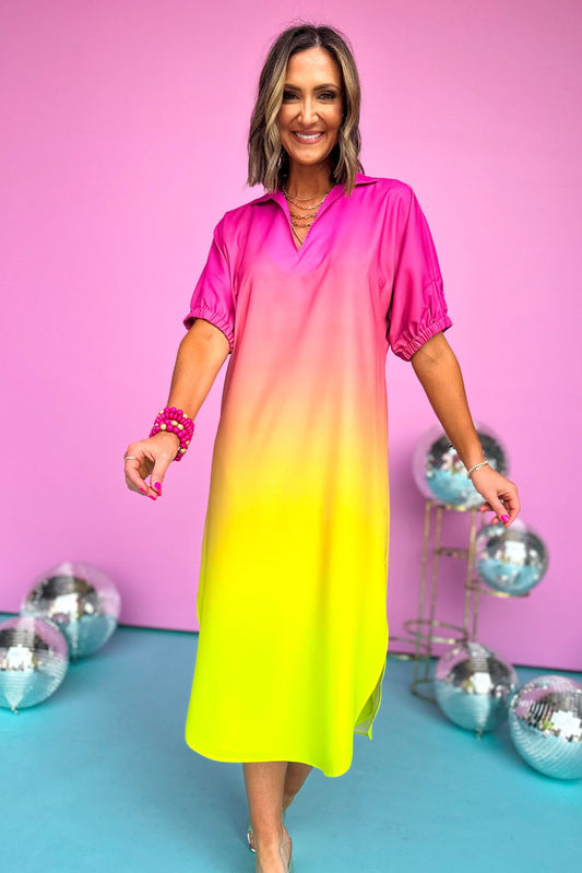 emily mccarthy pink multi split neck caftan, unique piece, ombre, elevated quality, summer style, bright colors, shop style your senses by mallory fitzsimmons