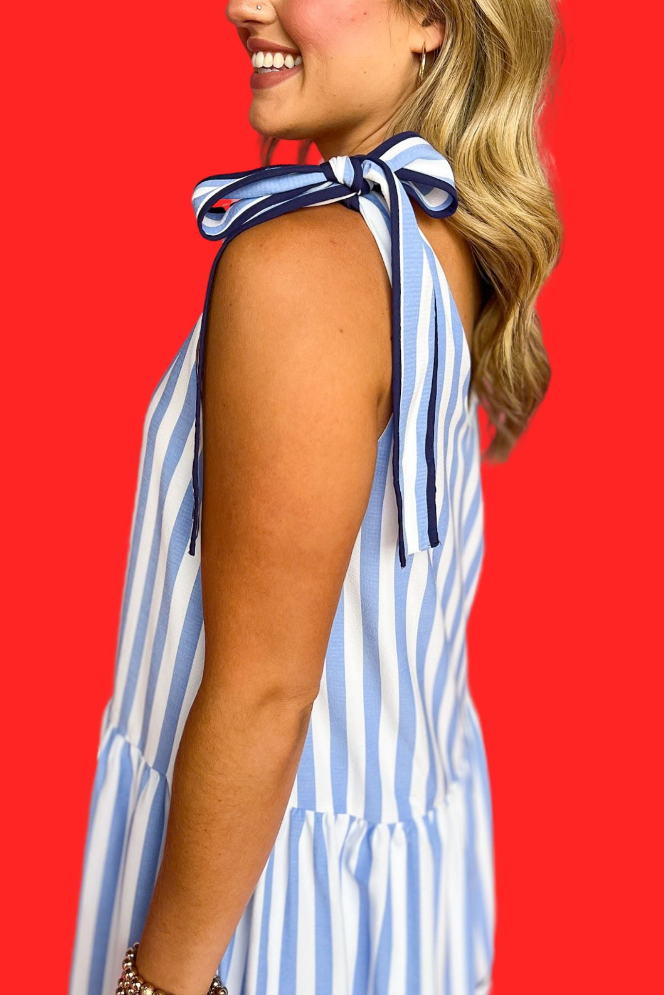 Blue Stripe Print V Neck Tie Shoulder Dress, dress, sleeveless dress, tie shoulder dress, striped dress, blue two toned dress, blue and white striped dress, shoulder bow dress, must have dress, elevated dress, elevated style, summer dress, summer style, Shop Style Your Senses by Mallory Fitzsimmons, SSYS by Mallory Fitzsimmons