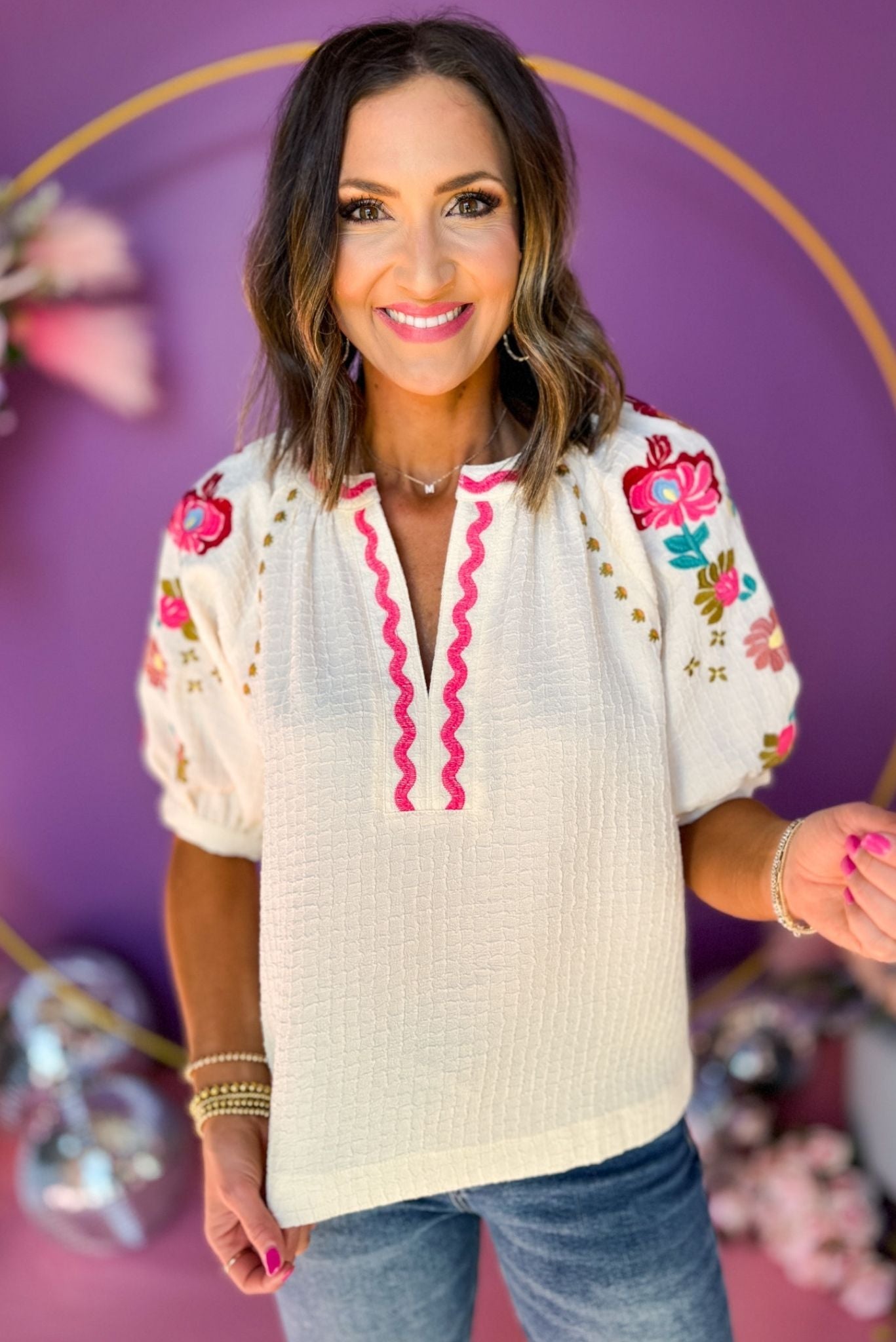 THML Cream Embroidered Puff Sleeve Textured Top, embroidered top, floral top, thml top, elevated top, must have top, spring fashion, spring style, spring top, mom style, shop style your senses by mallory fitzsimmons