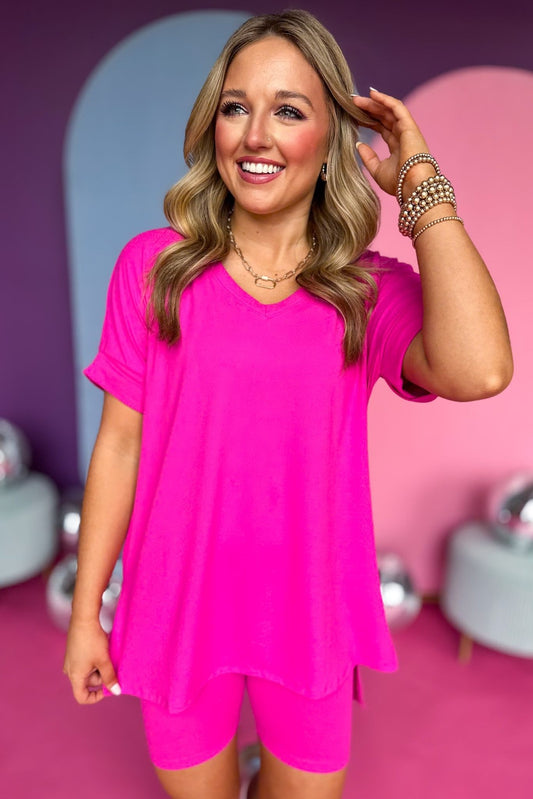 Hot Pink V Neck Top and Biker Shorts *FINAL SALE* *Final Sale*, must have biker shorts, must have set, comfortable set, cozy set, must have style, comfy style, elevated set, mom style, shop style your senses by mallory fitzsimmons