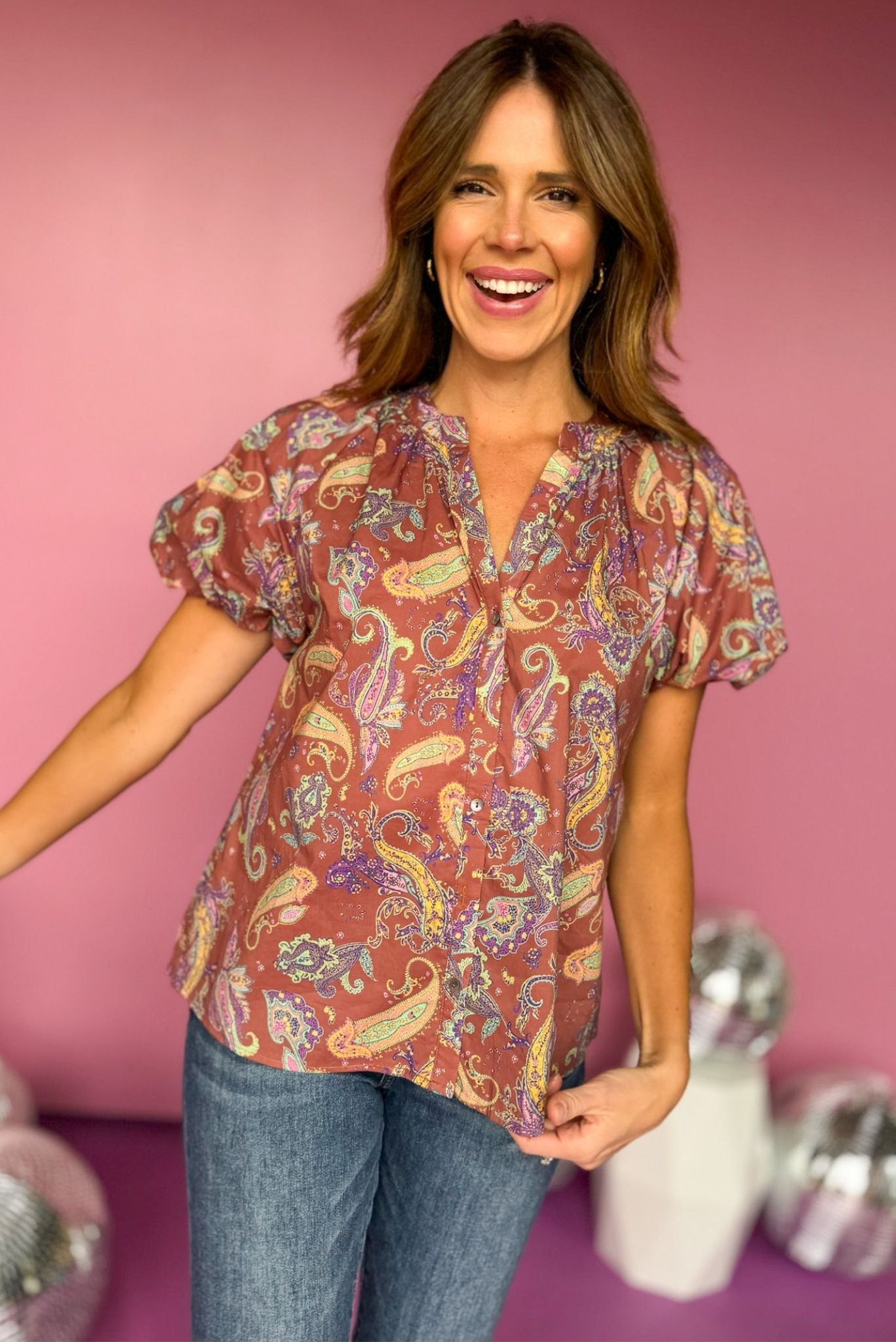 Brown Paisley Printed Button Front Puff Short Sleeve Top, must have top, must have style, fall style, fall fashion, elevated style, elevated top, mom style, fall collection, fall top, shop style your senses by mallory fitzsimmons