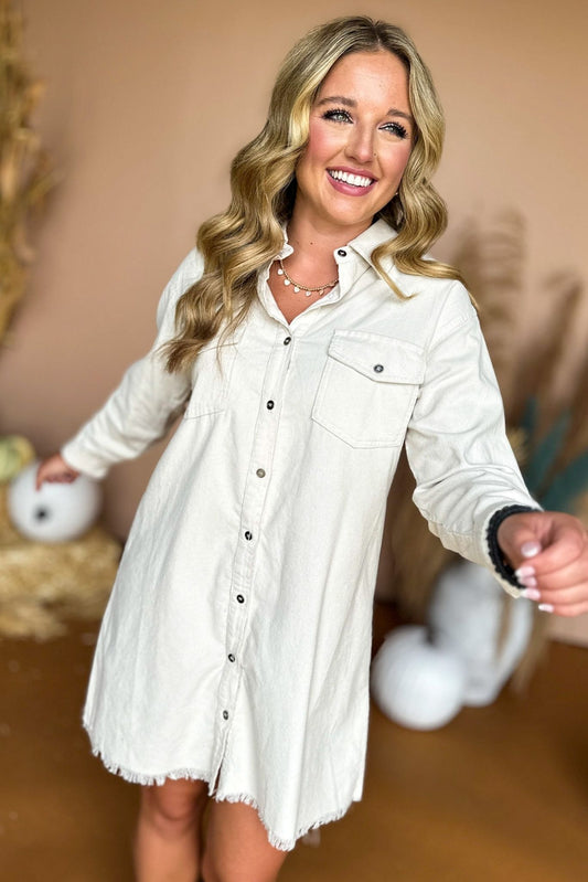  Cream Button Front Roll Tab Shirt Dress, must have dress, must have style, fall style, fall fashion, elevated style, elevated dress, mom style, fall collection, fall dress, shop style your senses by mallory fitzsimmons