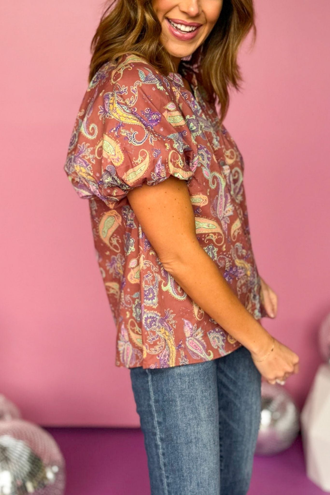 Brown Paisley Printed Button Front Puff Short Sleeve Top, must have top, must have style, fall style, fall fashion, elevated style, elevated top, mom style, fall collection, fall top, shop style your senses by mallory fitzsimmons