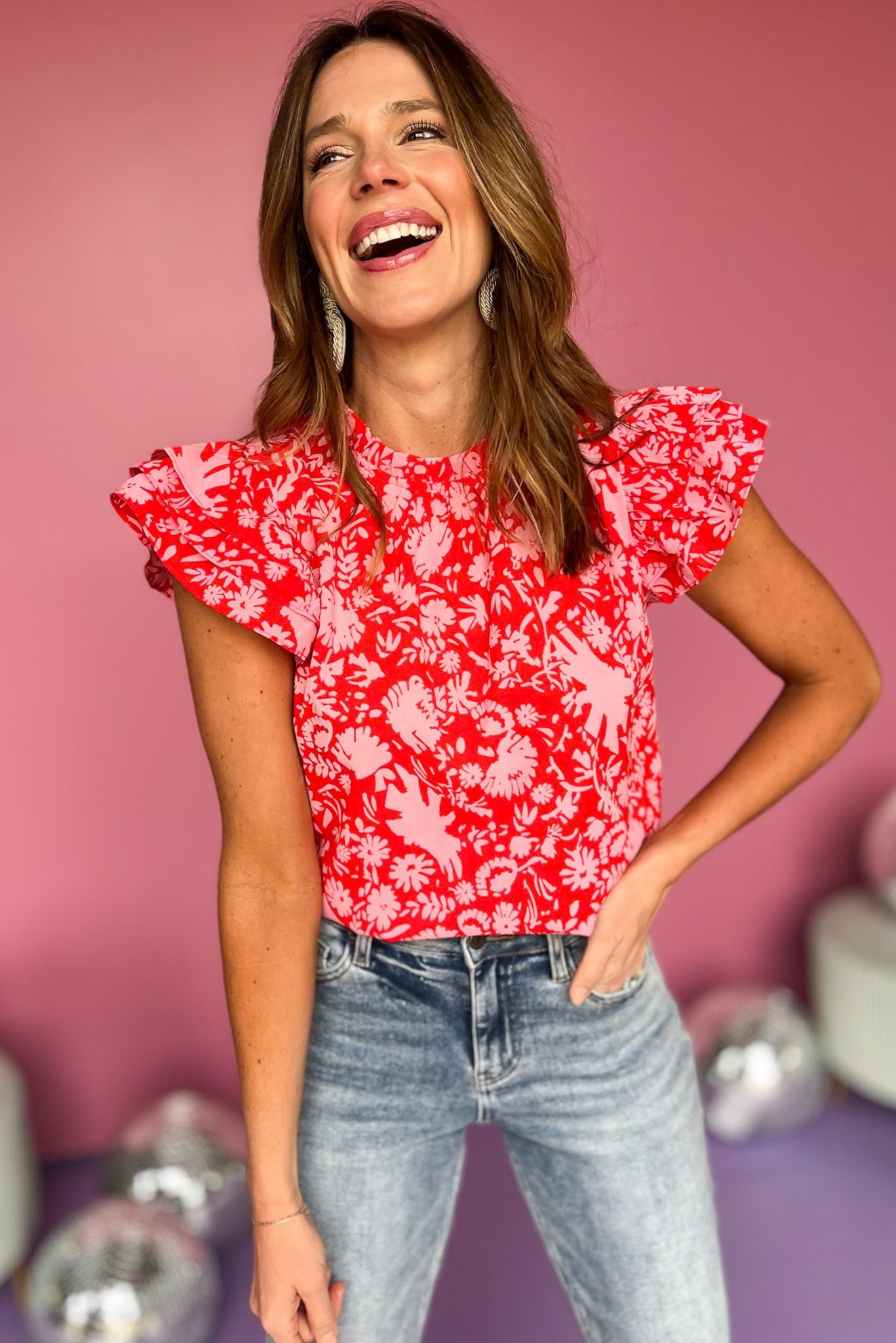 Red Floral Double Ruffle Sleeve Top, printed top, must have top, must have style, summer style, spring fashion, elevated style, elevated top, mom style, shop style your senses by mallory fitzsimmons, ssys by mallory fitzsimmons  Edit alt text