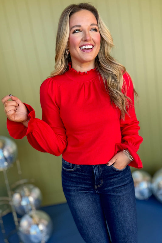 Red Frilled Neck Long Sleeve Sweater Top, must have sweater, must have style, winter style, winter fashion, elevated style, elevated dress, mom style, winter collection, winter sweater, shop style your senses by mallory fitzsimmons