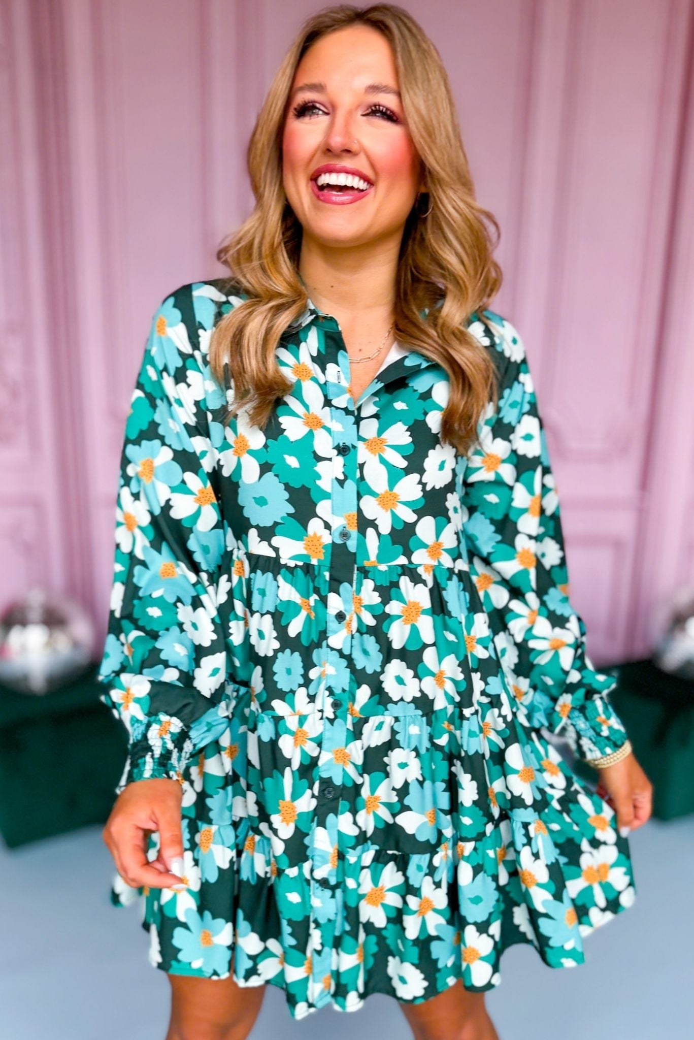 Green Floral Printed Collared Button Front Tiered Dress, must have dress, must have style, office style, spring fashion, elevated style, elevated dress, mom style, work dress, shop style your senses by mallory fitzsimmons