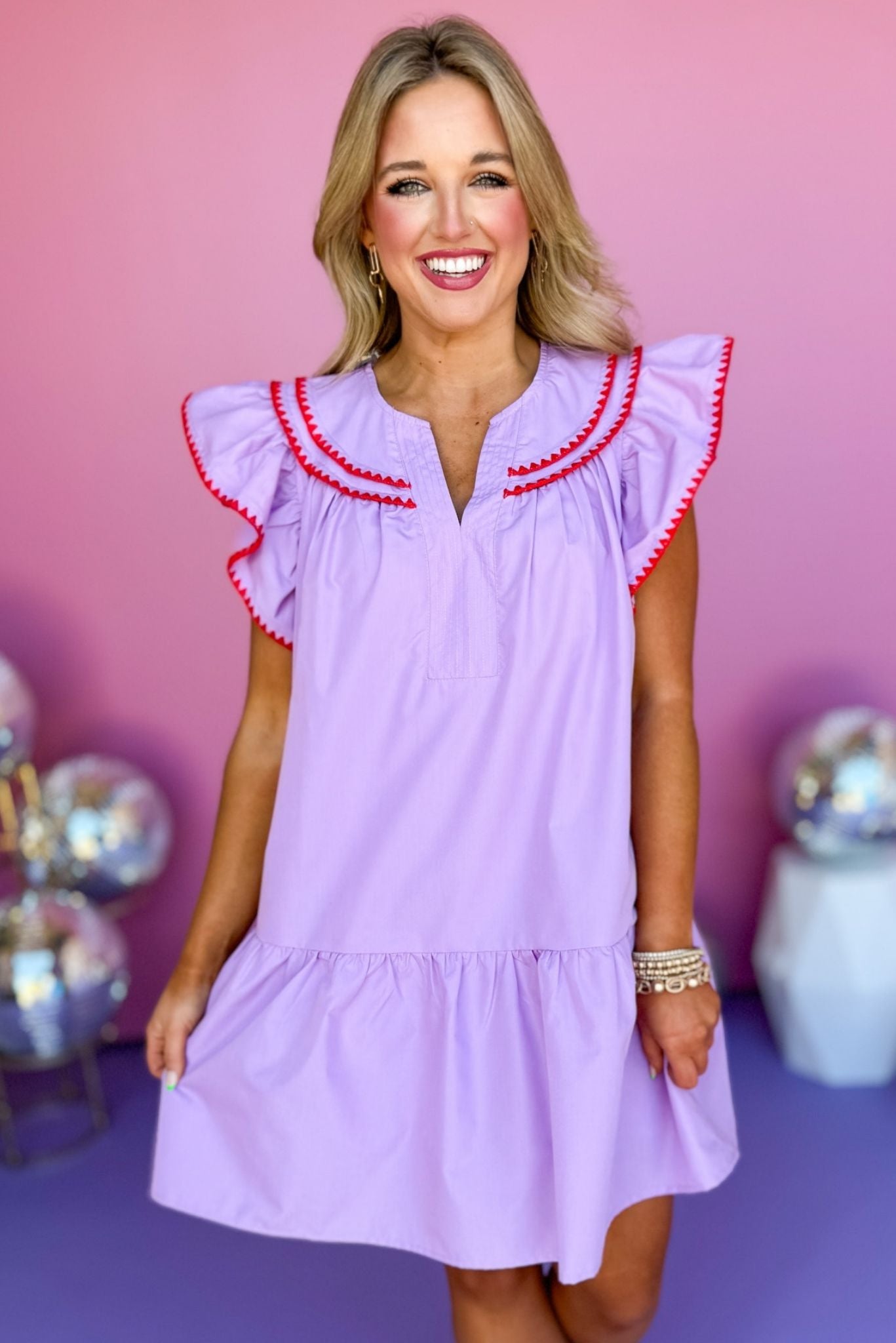 Lilac V Neck Inset Flutter Sleeve Contrast Embroidered Detail Dress SSYS Lilac V Neck Inset Flutter Sleeve Contrast Embroidered Detail Dress SSYS