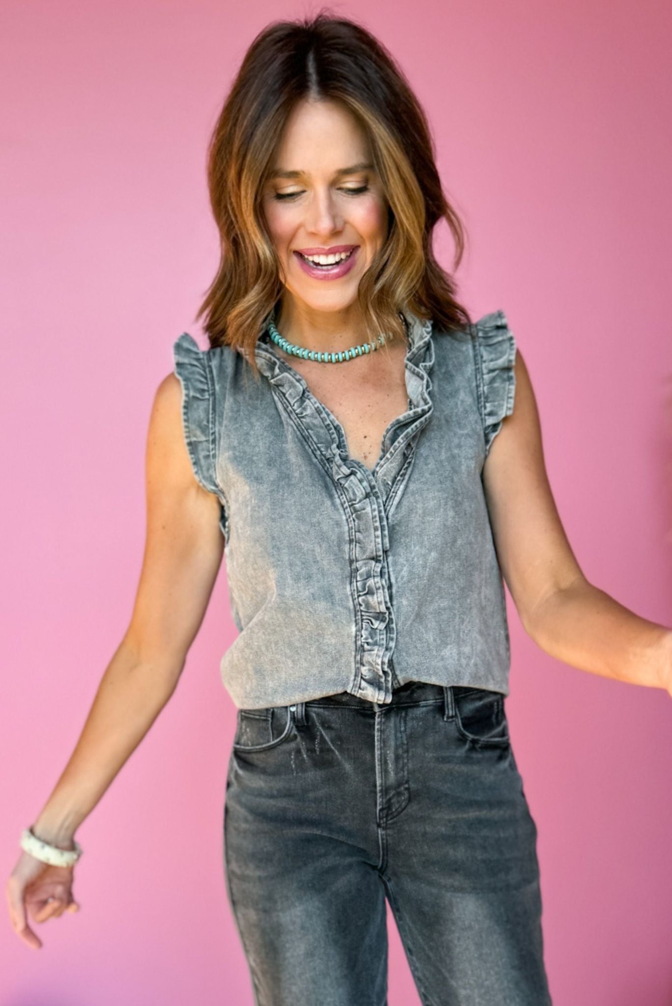 Grey Washed Denim Double Ruffle Detail Sleeveless Top, Western top, western style, rodeo style, concert style, must have concert, must have style, elevated top, elevated style, spring style, must have spring top, mom style, shop style your senses by Mallory Fitzsimmons, says by Mallory Fitzsimmons