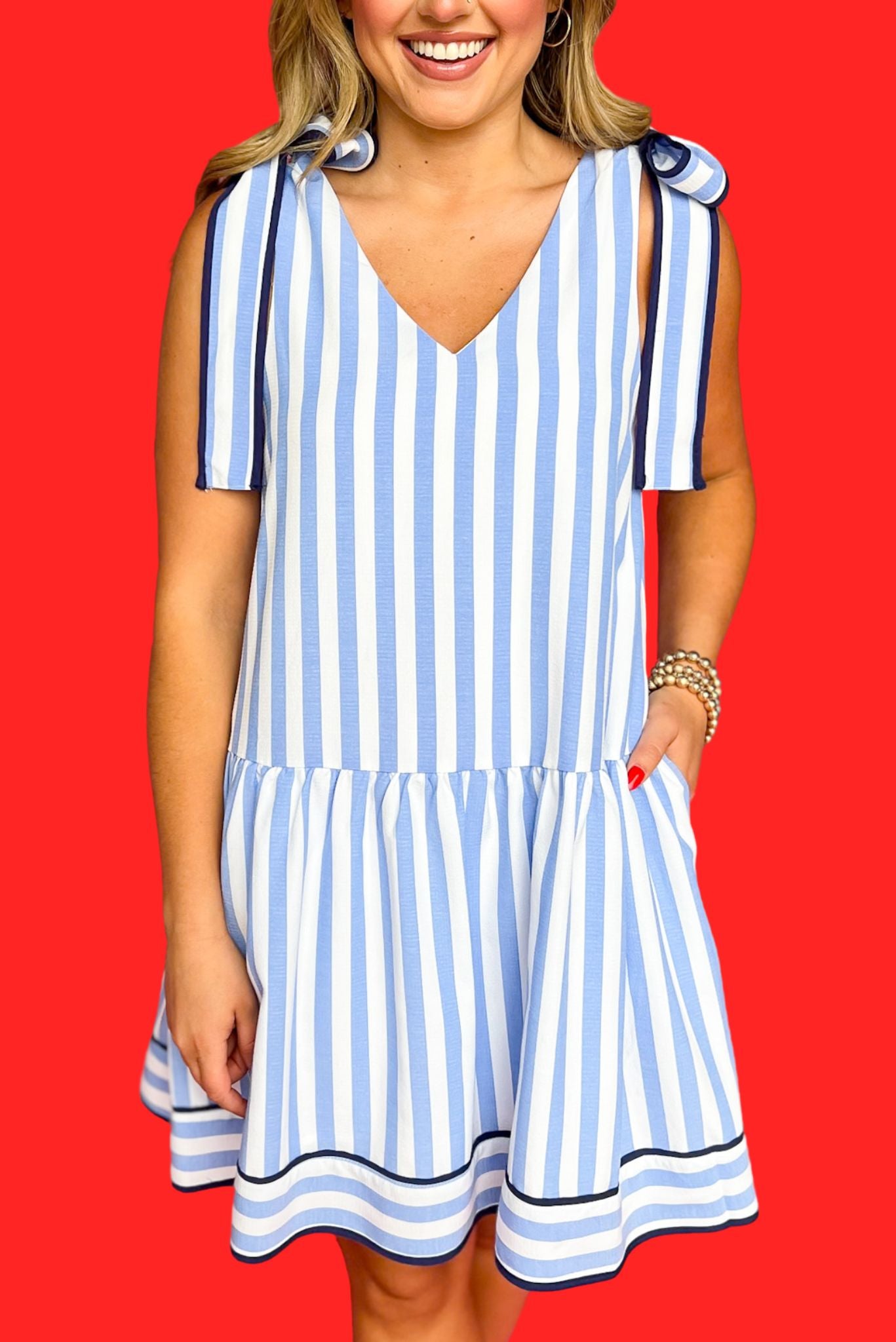 Blue Stripe Print V Neck Tie Shoulder Dress, dress, sleeveless dress, tie shoulder dress, striped dress, blue two toned dress, blue and white striped dress, shoulder bow dress, must have dress, elevated dress, elevated style, summer dress, summer style, Shop Style Your Senses by Mallory Fitzsimmons, SSYS by Mallory Fitzsimmons