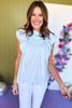 Light Blue Mock Neck Pleated Detail Yoke Short Sleeve Ruffled Top, must have top, must have style, brunch style, spring fashion, elevated style, elevated top, mom style, shop style your senses by mallory fitzsimmons, ssys by mallory fitzsimmons
