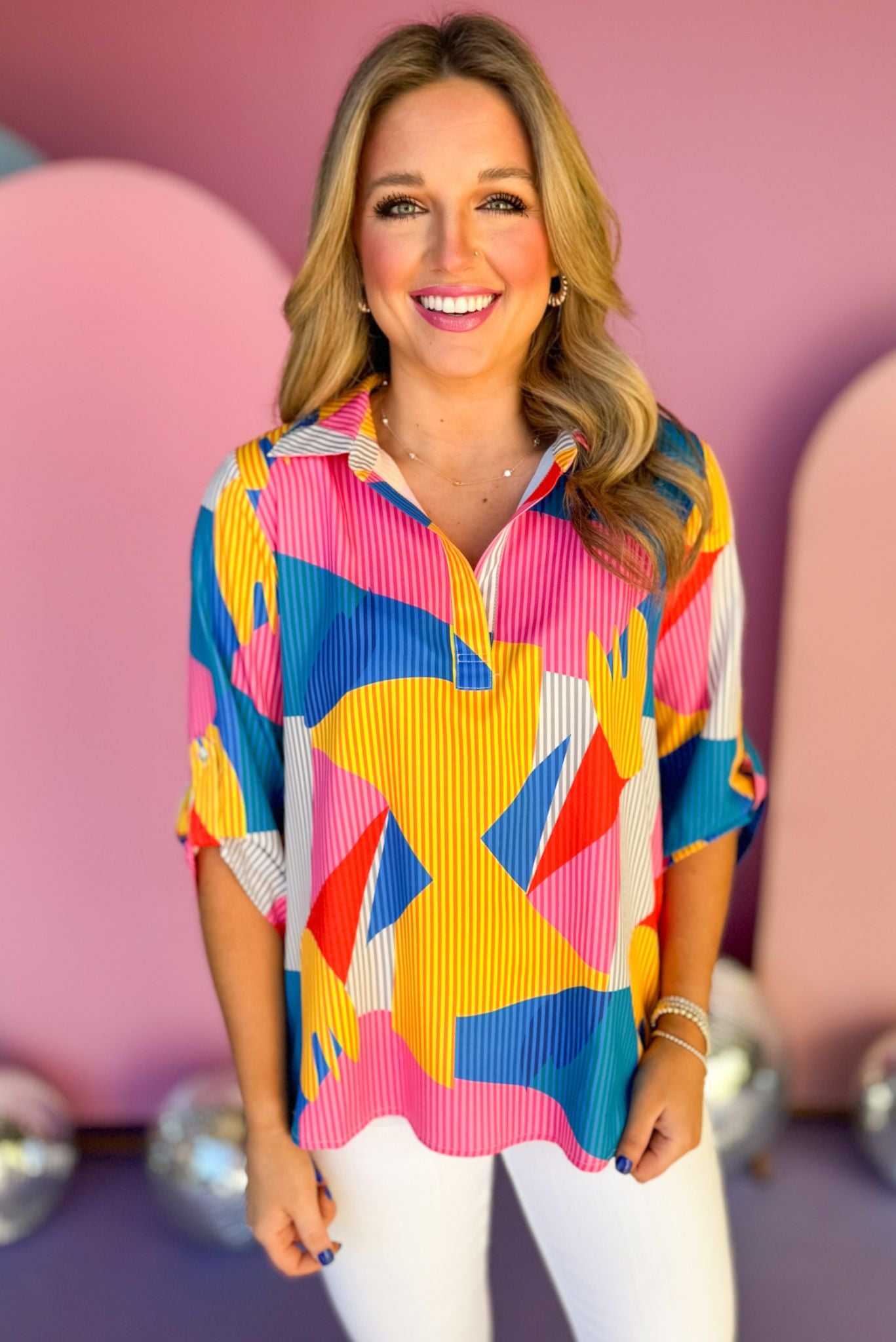 Pink Abstract Printed Split Neck Roll Tab Sleeve Top, must have top, must have style, office style, spring fashion, elevated style, elevated top, mom style, work top, shop style your senses by mallory fitzsimmons, ssys by mallory fitzsimmons