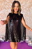 Black Sequin Cape Dress, sequin dress, cape detail, new years eve outfit, glam, party look, shop style your senses by mallory fitzsimmons