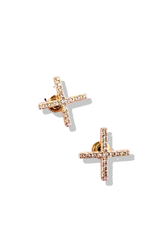 Gold 18K Dipped Stone Paved Cross Stud Earrings