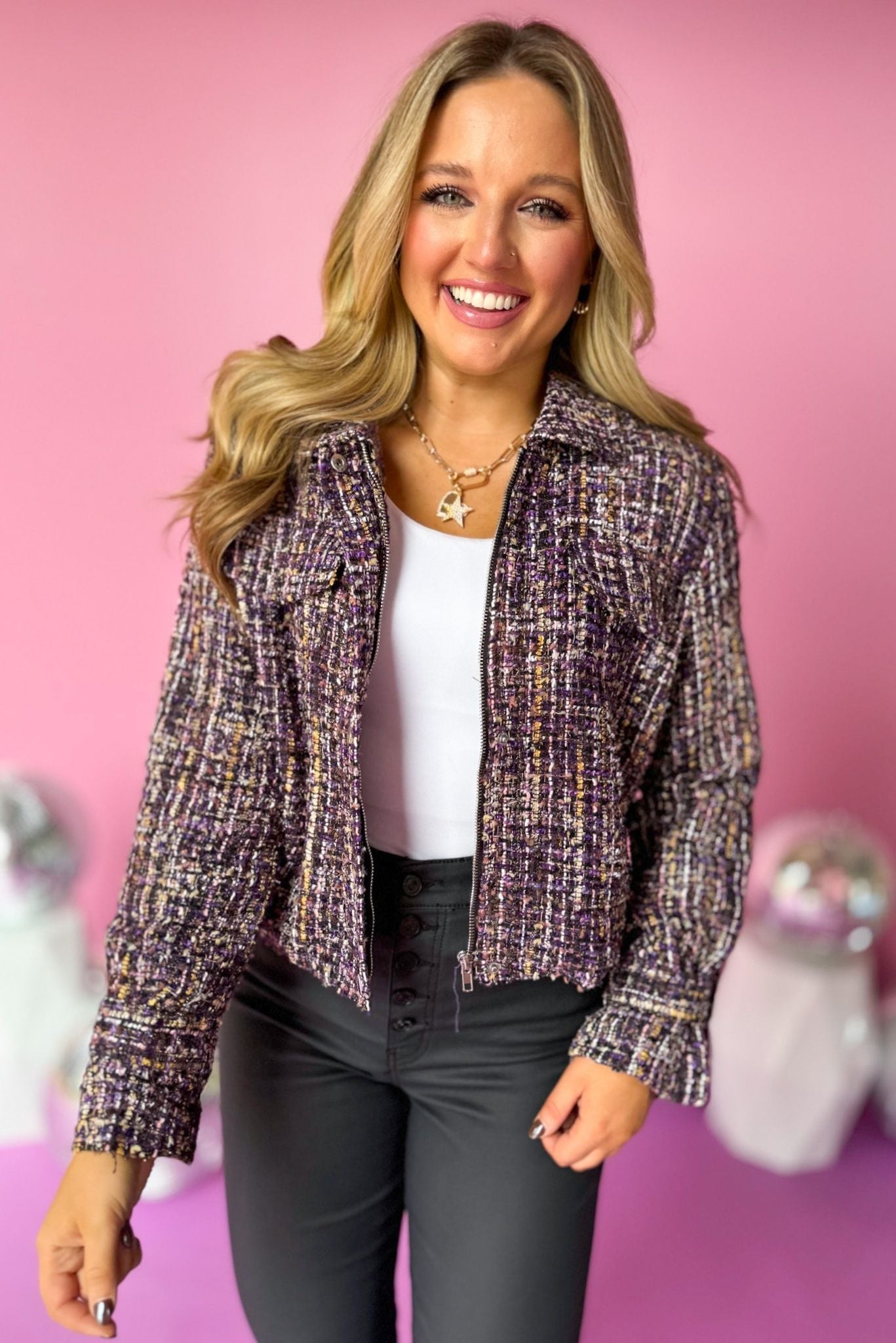 Purple Tweed Zip Front Jacket, must have jacket, must have design, fall fashion, fall jacket, elevated style, fall style, elevated jacket, mom style, shop style your senses by mallory fitzsimmons